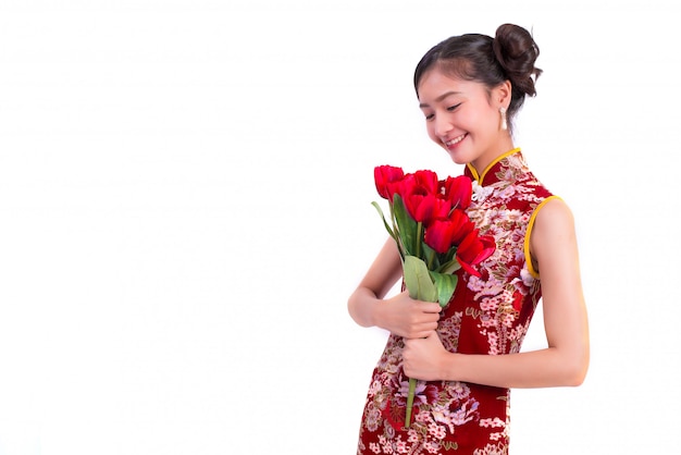 Young Asian beauty woman wearing cheongsam 