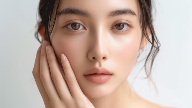 사진 색 배경에 깨한 신선한 피부를 가진 젊은 아시아 아름다움 여성 아름다움과 스파 얼굴 관리