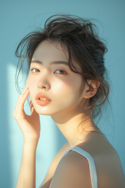 韓国人メイクアップスタイルの若いアジアの美人女性 孤立した青い背景で完璧にきれいな肌 顔の治療 美容学 整形外科