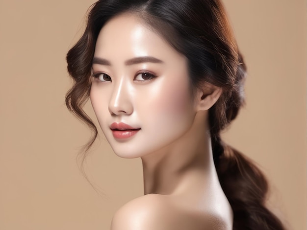 Young Asian beauty woman with korean makeup style Perfect skin on isolated beige background