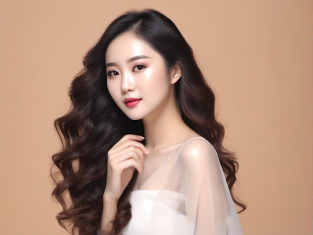 Молодая азиатская красавица с корейским стилем макияжа Идеальная кожа на изолированном бежевом фоне