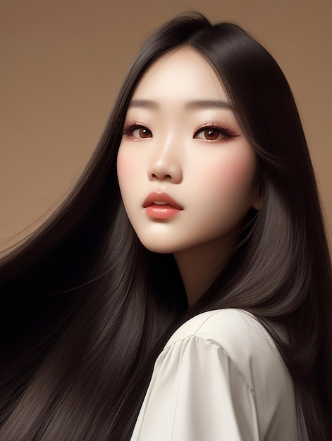 A young Asian beauty woman with long glossy hair wearing a Korean style makeup