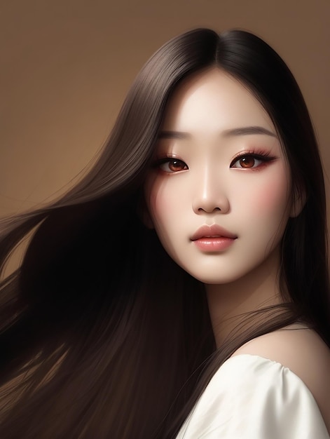 A young Asian beauty woman with long glossy hair wearing a Korean style makeup