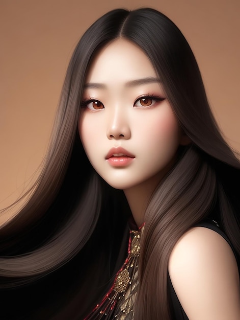 A young Asian beauty woman with long glossy hair wearing a Korean style makeup