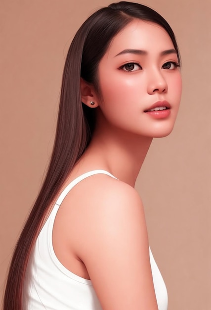 그녀의 얼굴과 완벽한 피부에 한국 메이크업 스타일로 모델 긴 머리를 가진 젊은 아시아 아름다움 여자