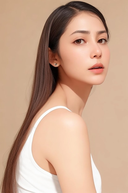 그녀의 얼굴과 완벽한 피부에 한국 메이크업 스타일로 모델 긴 머리를 가진 젊은 아시아 아름다움 여자