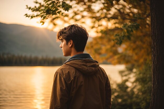 インドネシアの森の春のワナガマ川を眺めるジャケット ジーンズを着ているアジアの若い男の子