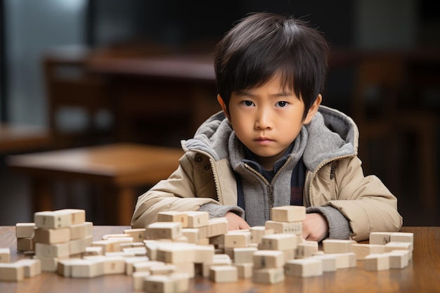 Young asian boy with wooden puzzle child mental health concept autism spectrum disorder awareness concept education against the background of the apartment interior copy space