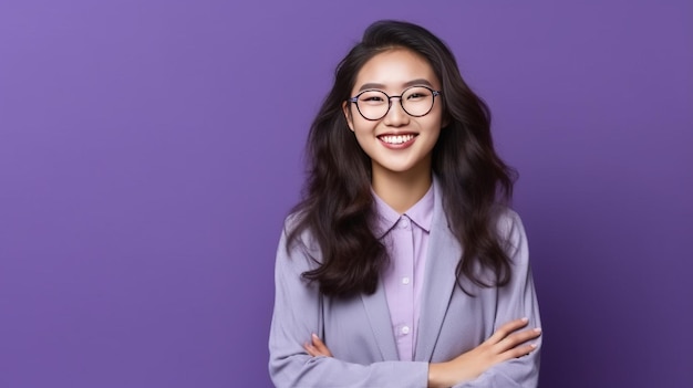 Young asian buisnesswoman wearing eyeglasses standing against purple background