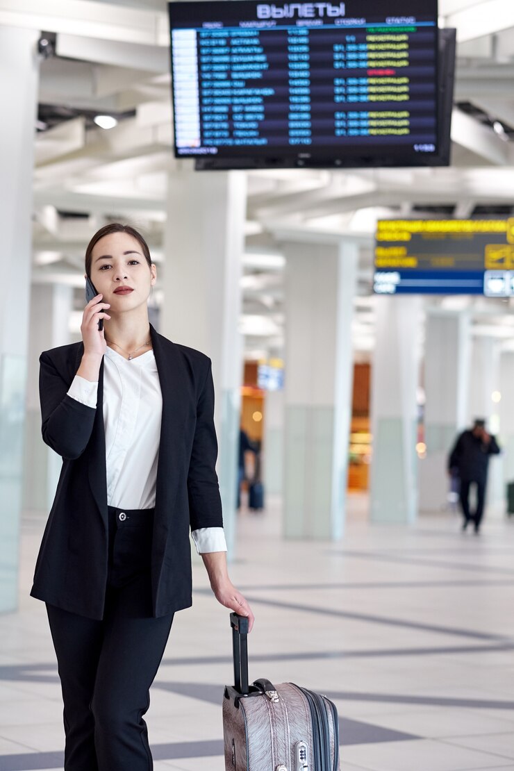 電話で話していると笑みを浮かべて、トロリーバッグが付いている空港で若いアジアビジネス女性。