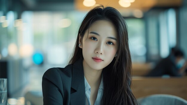 A young asian business woman is sitting in an office looking at camera