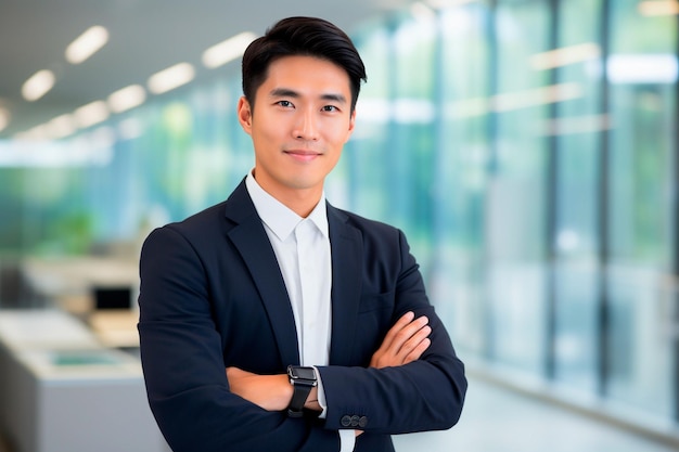 Молодой азиатский бизнесмен, стоящий в офисе, уверенно улыбается