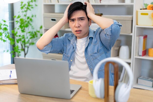 Photo young asian businessman working at home