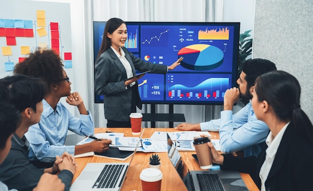 Young asian businesswoman presenting data analysis dashboard on tv screen in modern meeting business presentation with group of business people in conference room concord