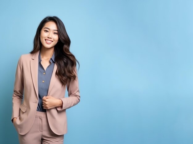 Young asian businesswoman wearing a business suit and dress standing alone against a colored background copy space for banner