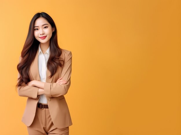 Young asian businesswoman wearing a business suit and dress standing alone against a colored background copy space for banner
