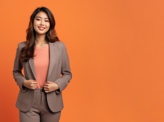 Young Asian businesswoman wearing a business suit and dress standing alone against a colored background Copy space for banner