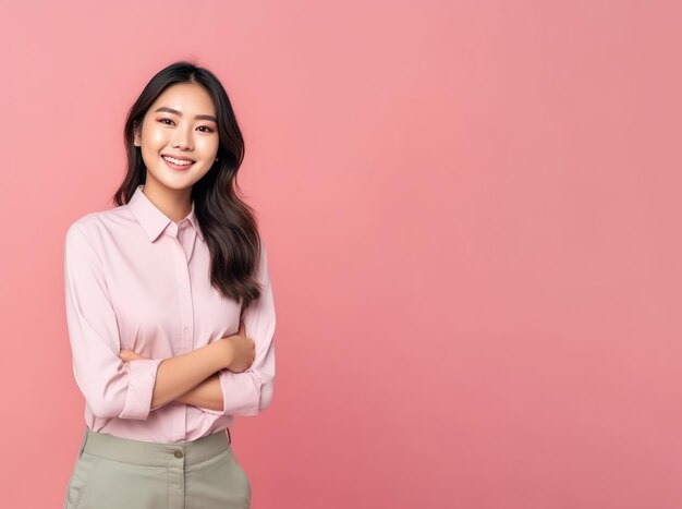 Young Asian businesswoman wearing a business suit and dress standing alone against a colored background Copy space for banner