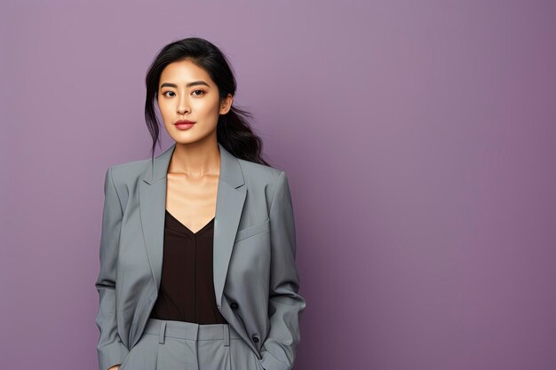 Young Asian businesswoman wearing a business suit and dress standing alone against