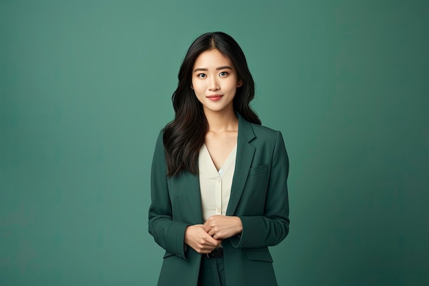 Young Asian businesswoman wearing a business suit and dress standing alone against