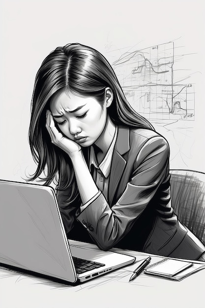 ラップトップで働く若いアジア人ビジネスウーマンがストレスで頭痛を抱え,仕事から辛く考えています