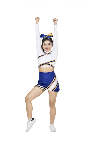 Photo young asian cheerleader in blue and white suit