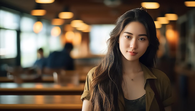 Young Asian Chinese woman student in library