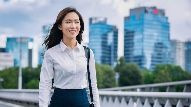 Photo young asian confident working woman who has a long hair with a white shirt is standing urban outdoo