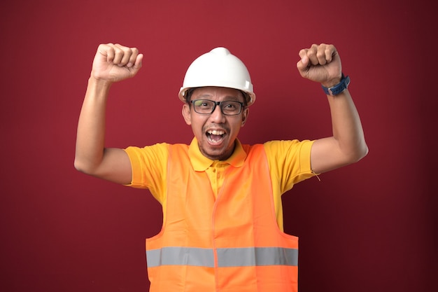 Young Asian construction man happy satisfied smiling expression Man happy face Happiness concept