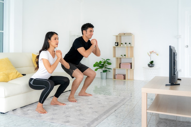 Young Asian couple doing squats training together and looking TV at home