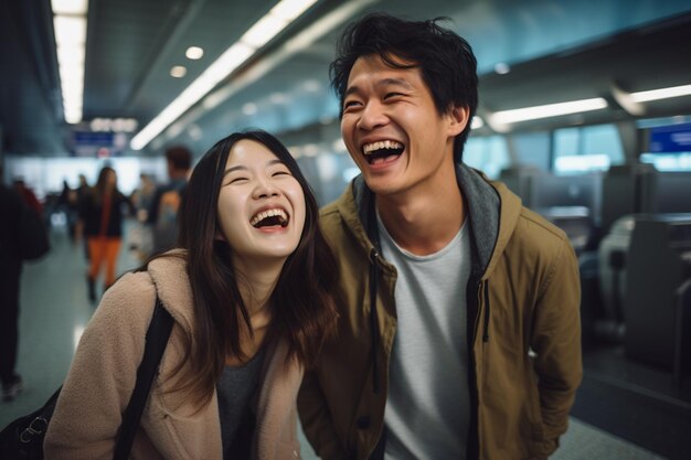 Photo young asian couple passenger at the airport bokeh style background