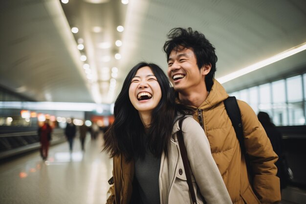 Photo young asian couple passenger at the airport bokeh style background