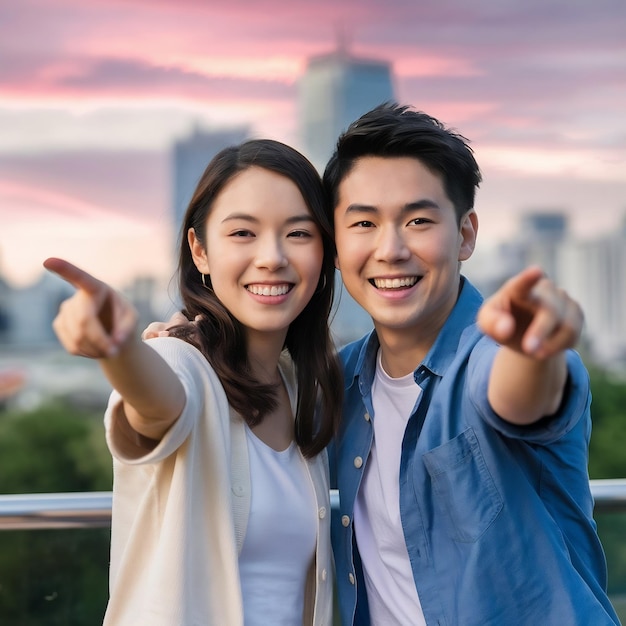 Young asian couple pointing something