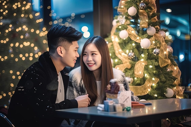 Young asian couple sitting at table in cafe with christmas tree Winter holidays Happy New year