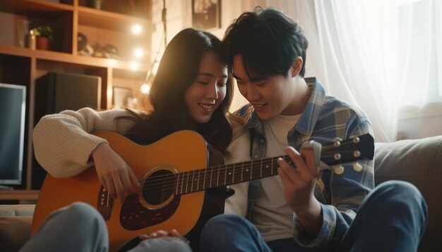 young asian couple song and playing the guitar together streaming live for music channel on social media