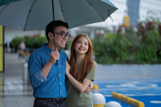 雨の中を歩く若いアジアのカップル