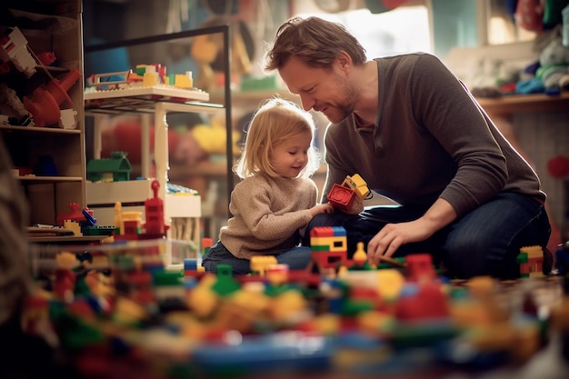 Young asian couple with their little boy playing in their room with lego pieces