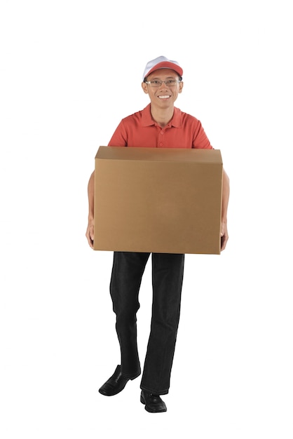 Young asian courier holding a big parcel