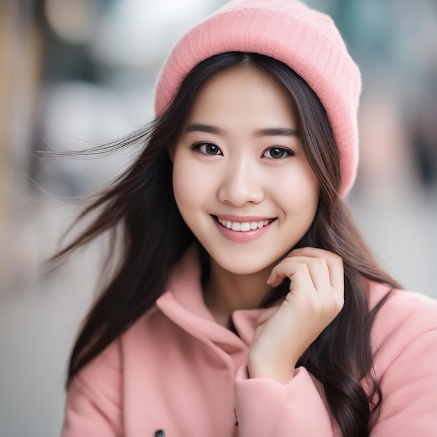 молодая азиатская симпатичная девушка в розовом