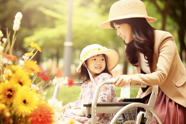 障害のある母親の世話をする若いアジア人の娘