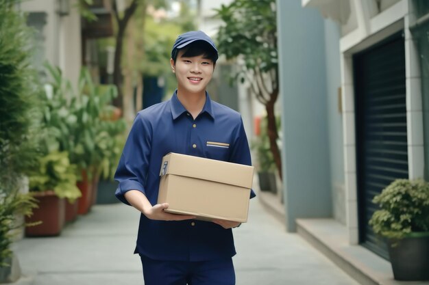 Young asian delivery man hold a cardboard box in his hands