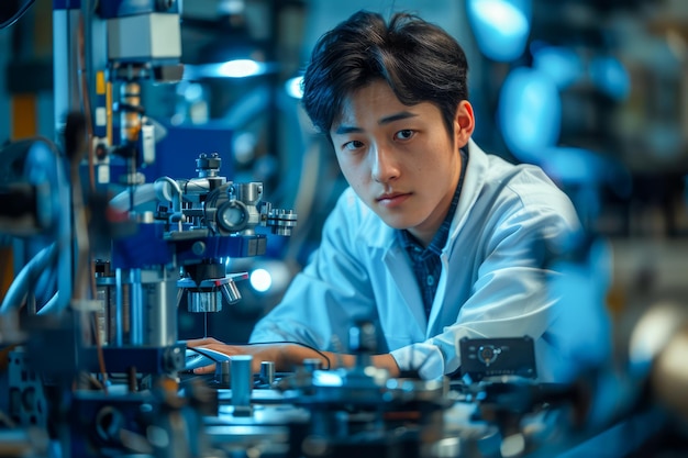 Young Asian Engineer Concentrating on Machine Parts in Industrial Setting with Precision Equipment