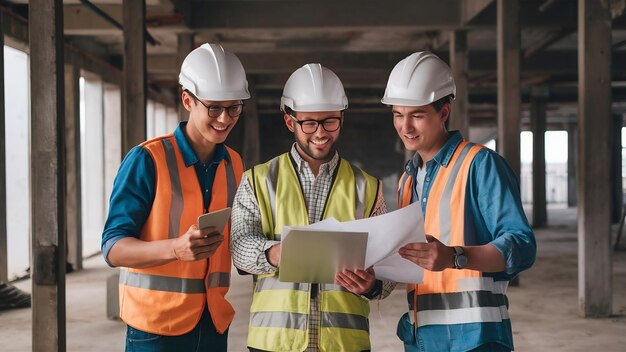 Young asian engineers and caucasian engineer colleagues at site inspector and discuss together usin