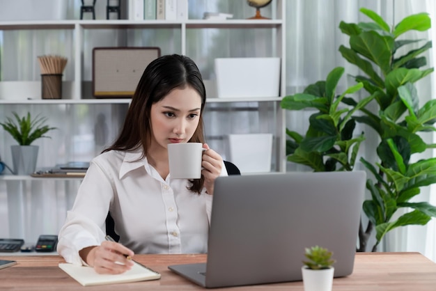 Young asian enthusiastic businesswoman at modern office desk with laptop