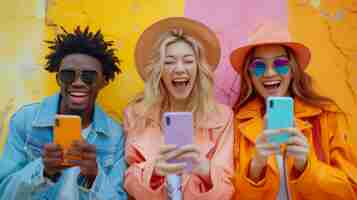 Photo young asian european and black people jumping in joy showing a phone with empty screen on colored background great advice digital ad digital app panorama