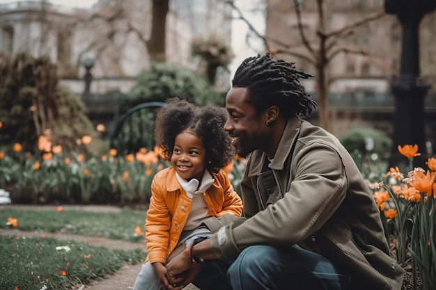 A young asian father kneeling hugging child at garden Generative AI illustration