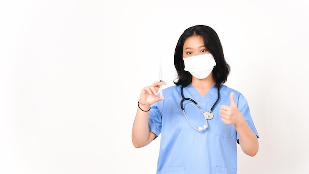 Young Asian female doctor wearing medical mask and holding syringe for vaccination isolated on white background