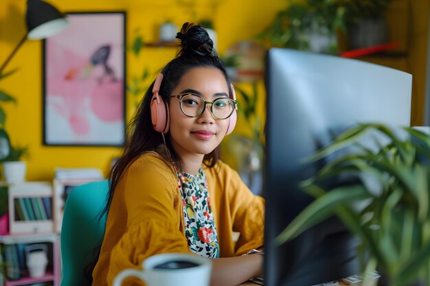 Young asian female freelancer in headphones working on computer at home