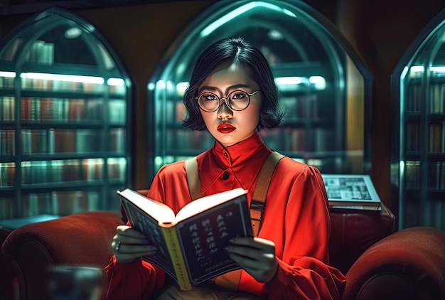 유니폼으로 무대화 된 이미지의 스타일로 도서관에서 책을 읽는 안경을 입은 젊은 아시아 여성