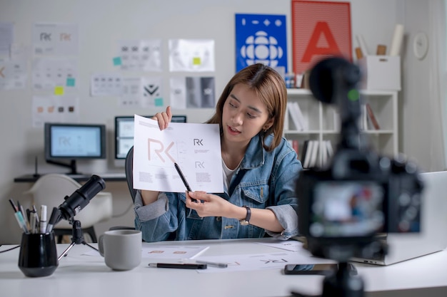 アジアの若い女性グラフィック デザイナー ブロガー インフルエンサー カメラ目線撮影教育チュートリアル vlog トレーニング スタジオでソーシャル メディアのビデオ コースを撮影